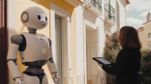 Humanoid robot greeting a homebuyer at the front door
